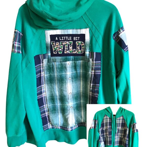 Upcycled Patchwork Hoodie, XL-1X: Grungy Zip-Up Hooded Jacket, A Little Bit Wild - Picture 11 of 11